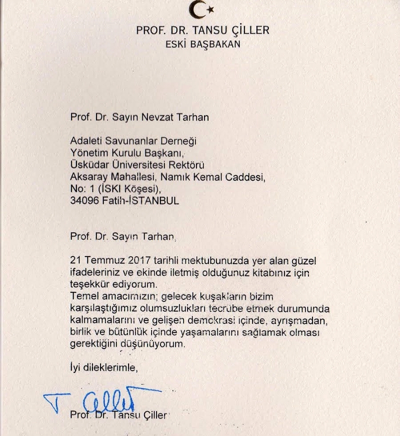 Eski Başbakan Çiller’den, Prof. Dr. Tarhan’a teşekkür mektubu