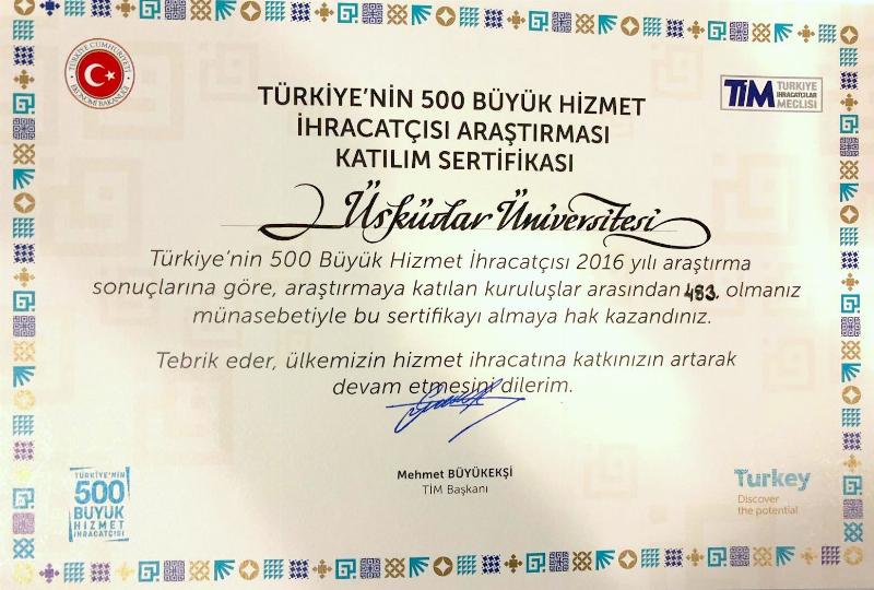 Üsküdar Üniversitesi Türkiye’nin 500 Hizmet İhracatçısından biri 2