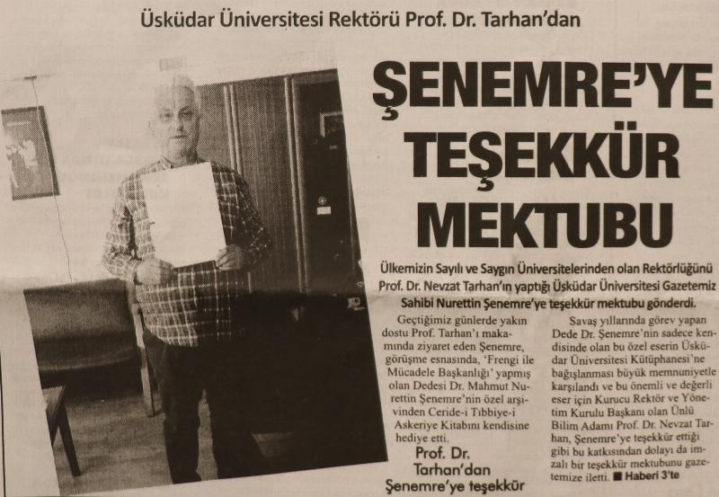 Üsküdar Üniversitesi Rektörü Prof. Dr. Tarhan’dan Şenemre’ye Teşekkür Mektubu 2